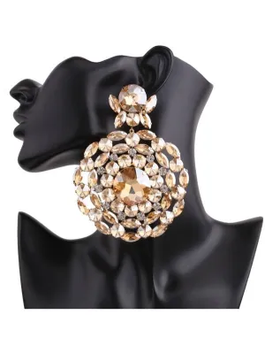 Gorgeous Gold Large Rhinestone Diamante Disc Earrings