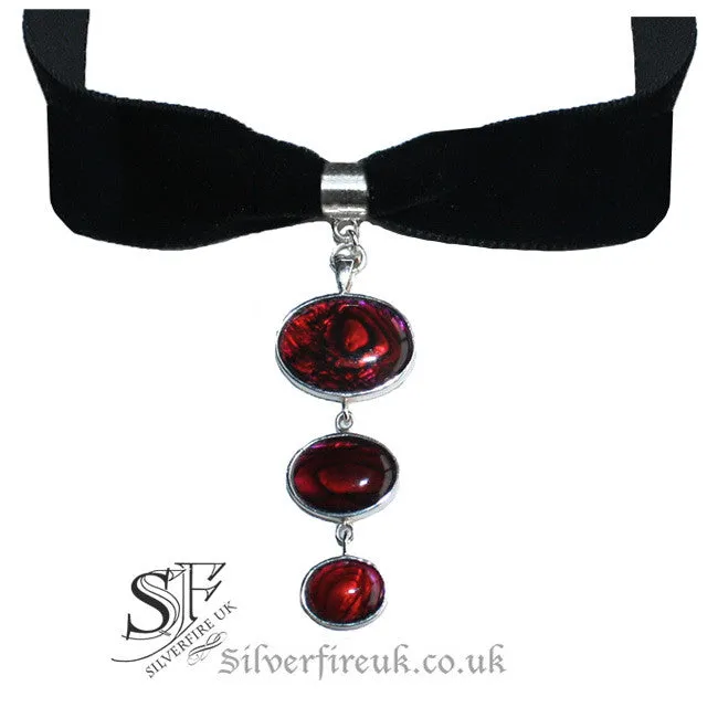 Gothic Red Abalone Velvet Choker (sterling silver fixtures)