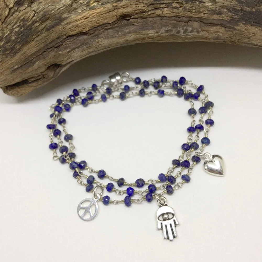 Handmade Peace, Love & Hamsa Lapis Wrap Bracelet & Necklace - By Sarah Beams