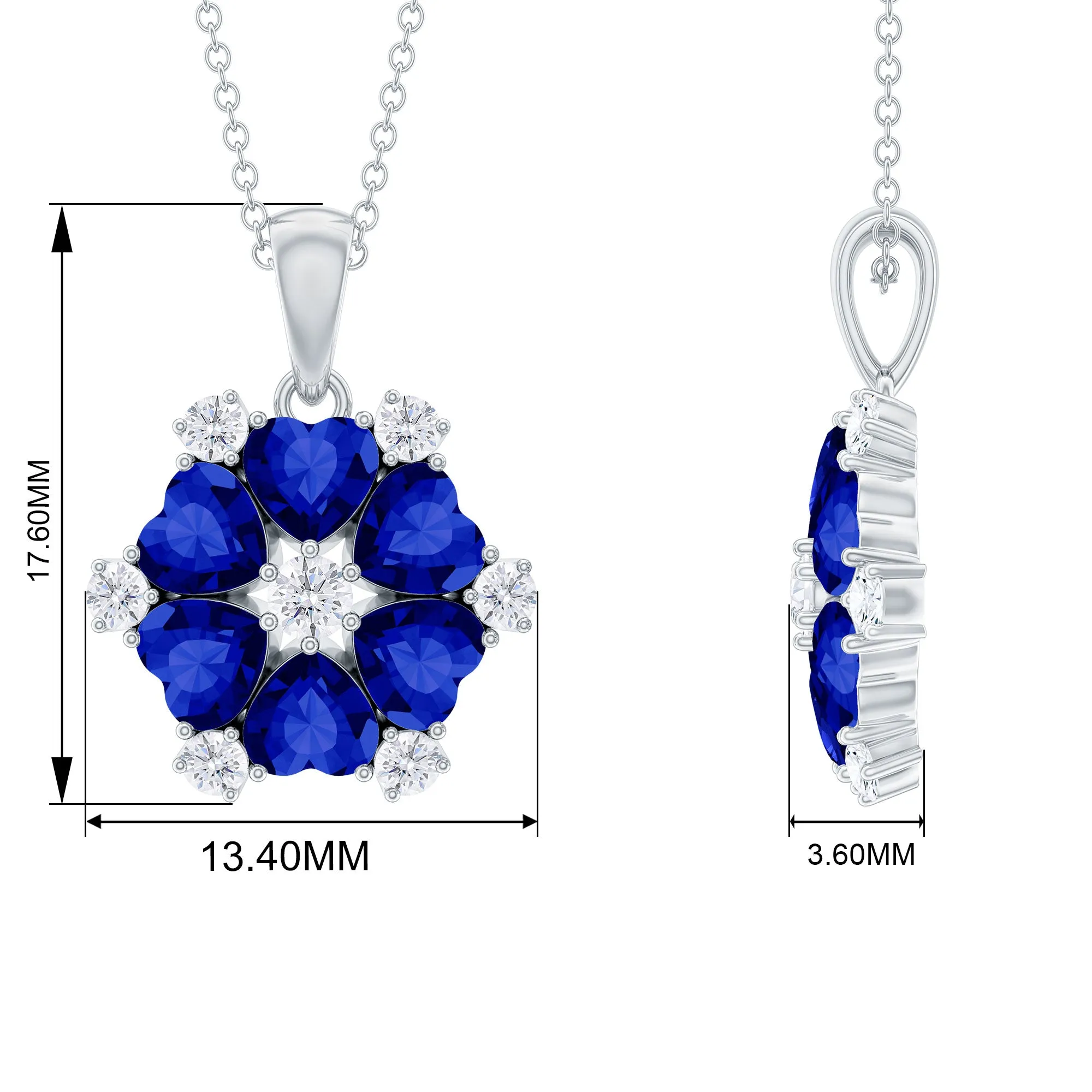 Heart Shape Created Blue Sapphire and Diamond Flower Pendant