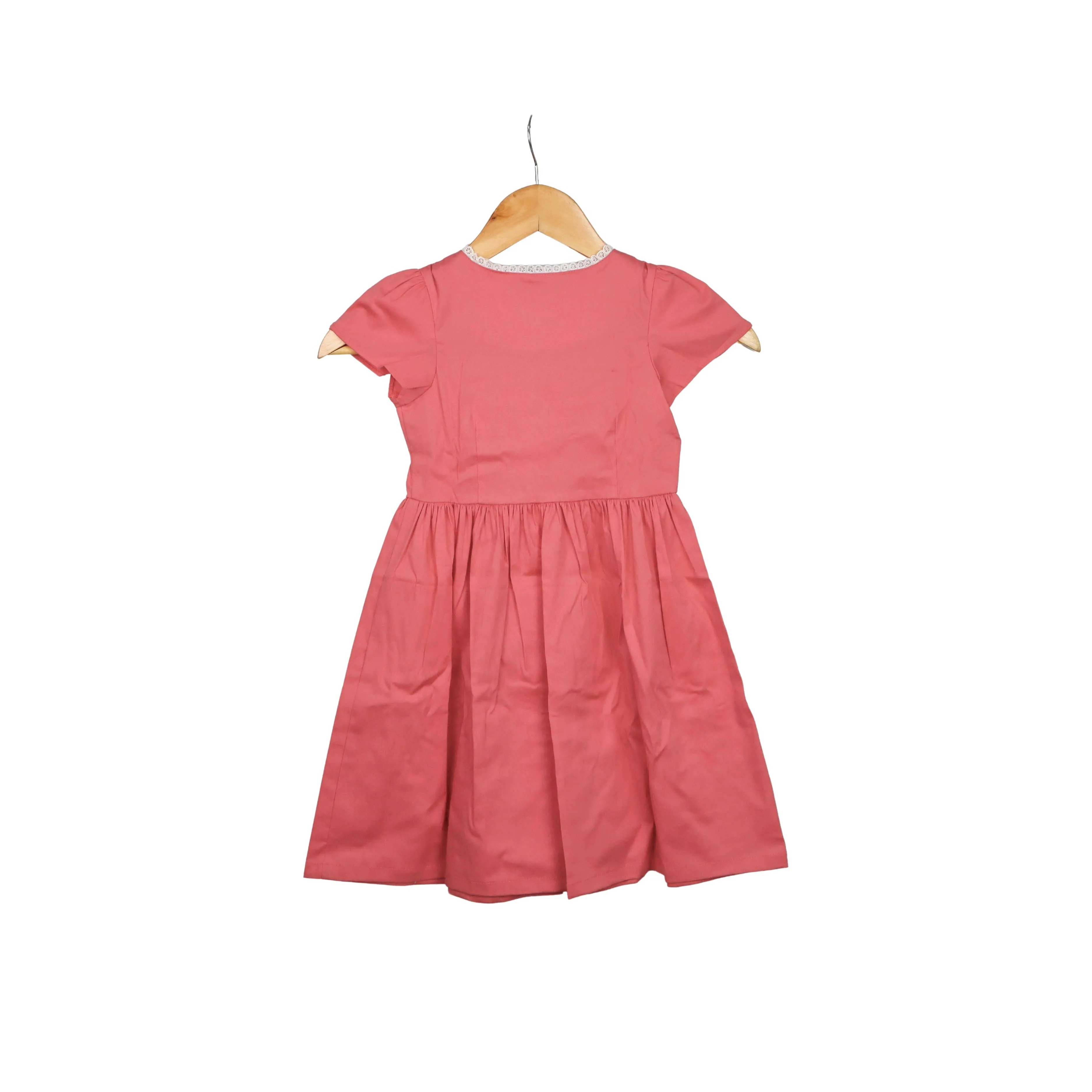 Kidscapade P. Cabbage Sleeves Plain Dress with Lace - Coral