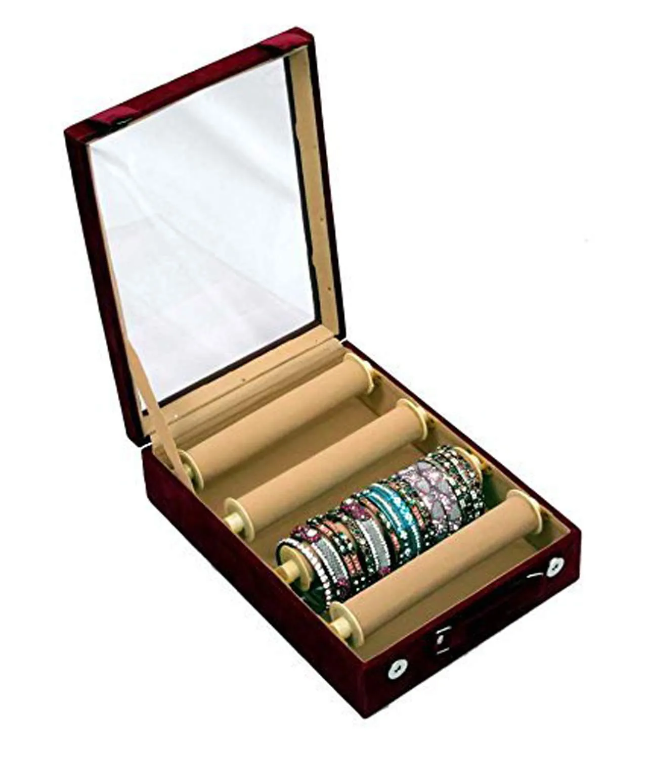 Kuber Industries Wooden 2 Piece Four Rod Transparent Velvet Bangle Storage Box, Maroon - CTKTC22802