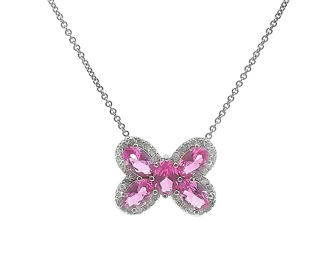 Lab Pink Sapphire and Diamond Butterfly Necklace