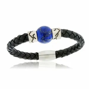 Lapis & Mountain Bead on Woven Leather Sterling Silver Bracelet