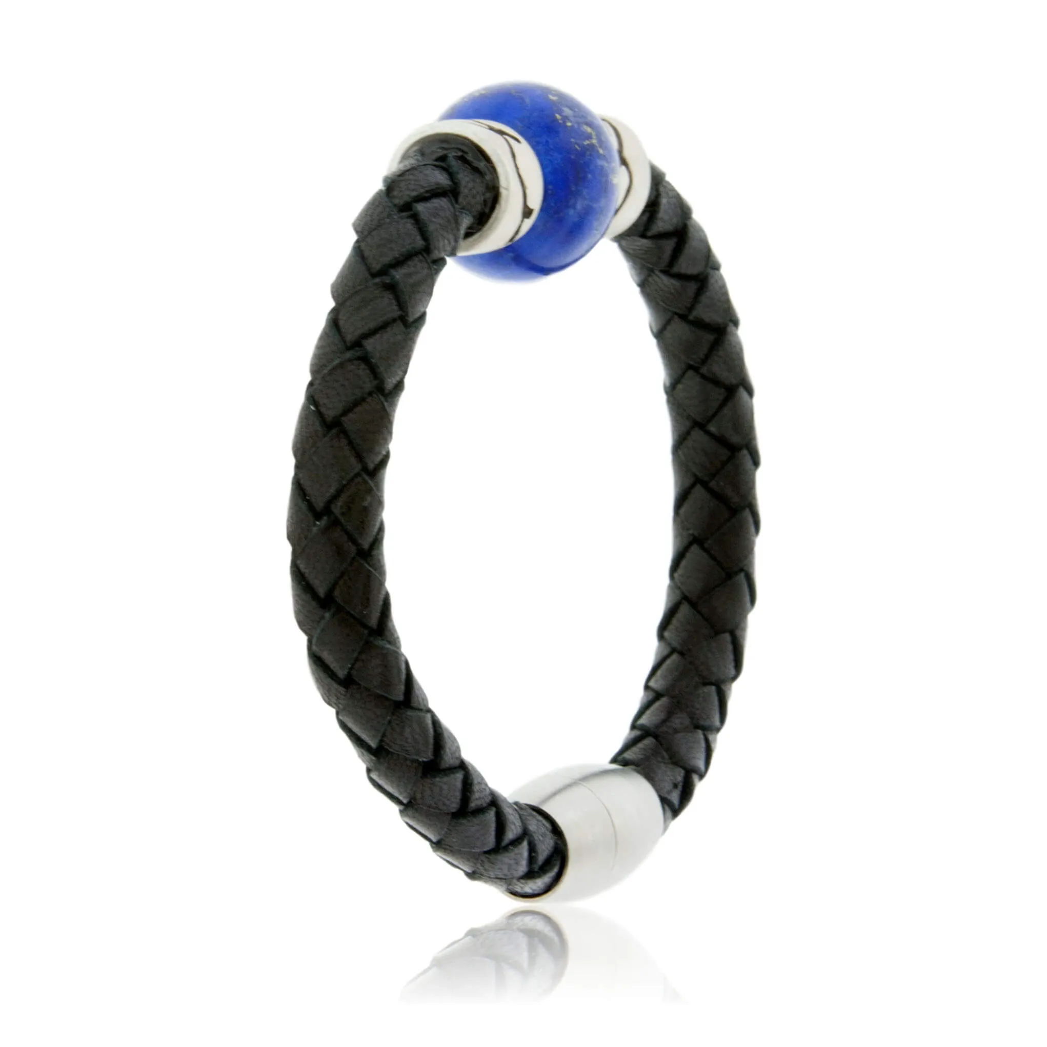 Lapis & Mountain Bead on Woven Leather Sterling Silver Bracelet