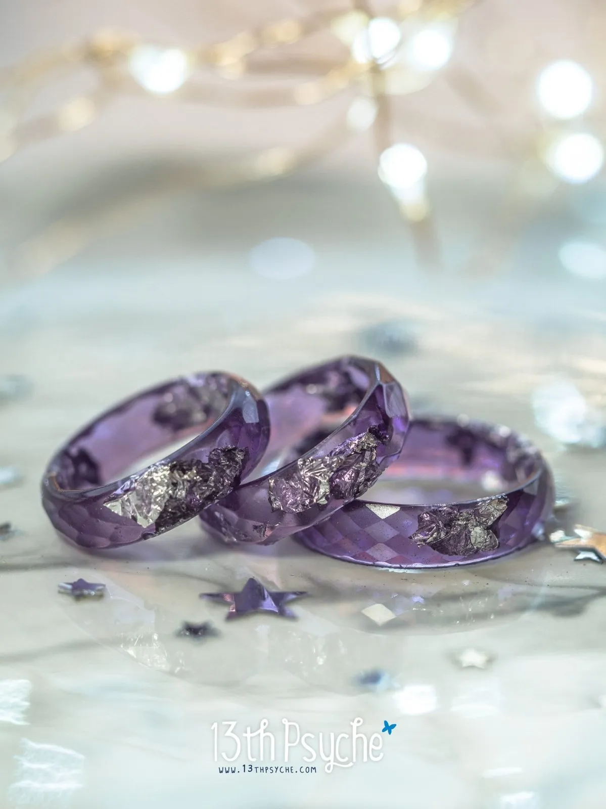 Lavender and silver flakes faceted resin ring