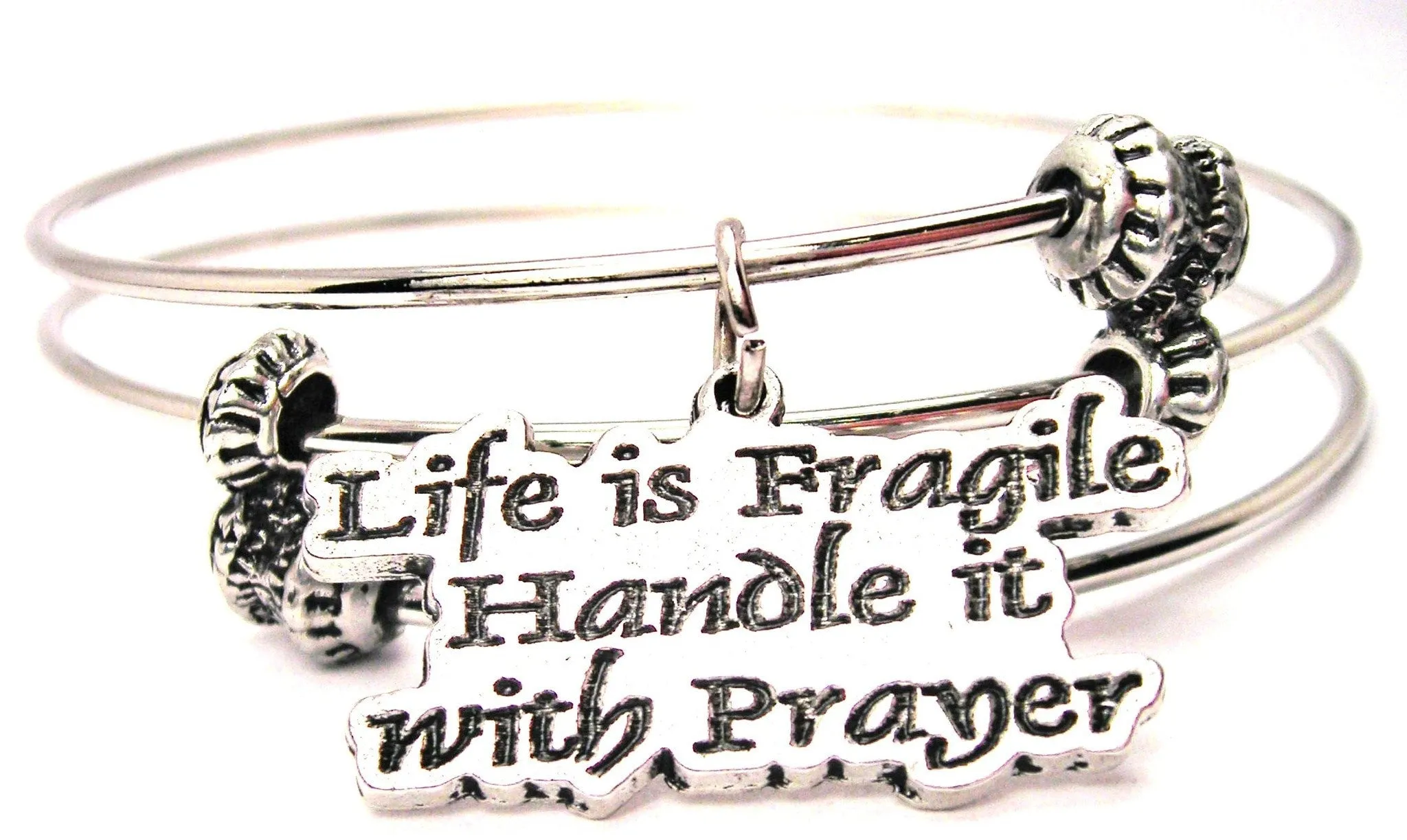 Life Is Fragile Handle With Prayer Triple Style Expandable Bangle Bracelet