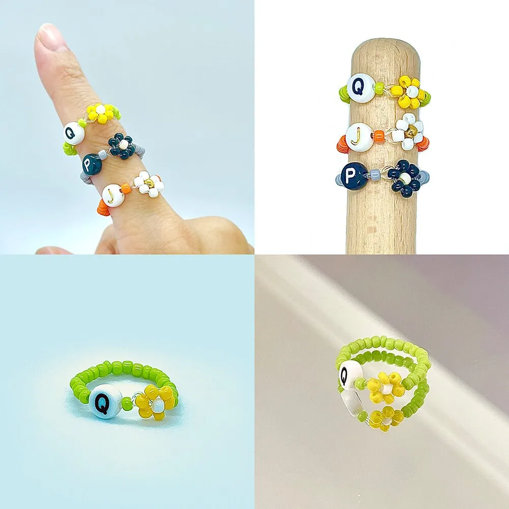 Magik Handmade Personalized Daisy Bloom Ring, Custom Letter Name Stackable Ring Seed Bead Glass Beaded Alphabet Gift