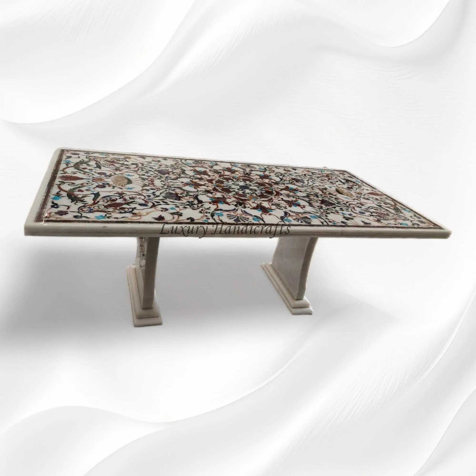 Maria Gemstone Inlay Marble Dining Table 8 Seater