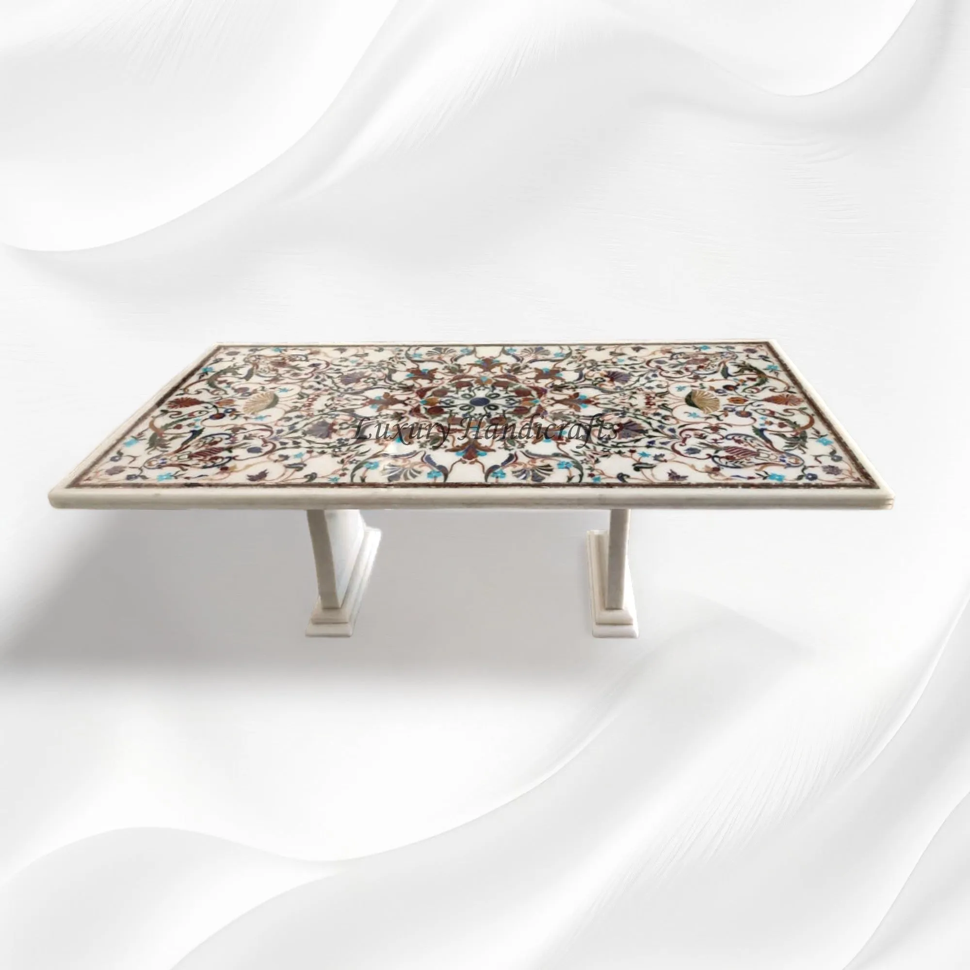 Maria Gemstone Inlay Marble Dining Table 8 Seater