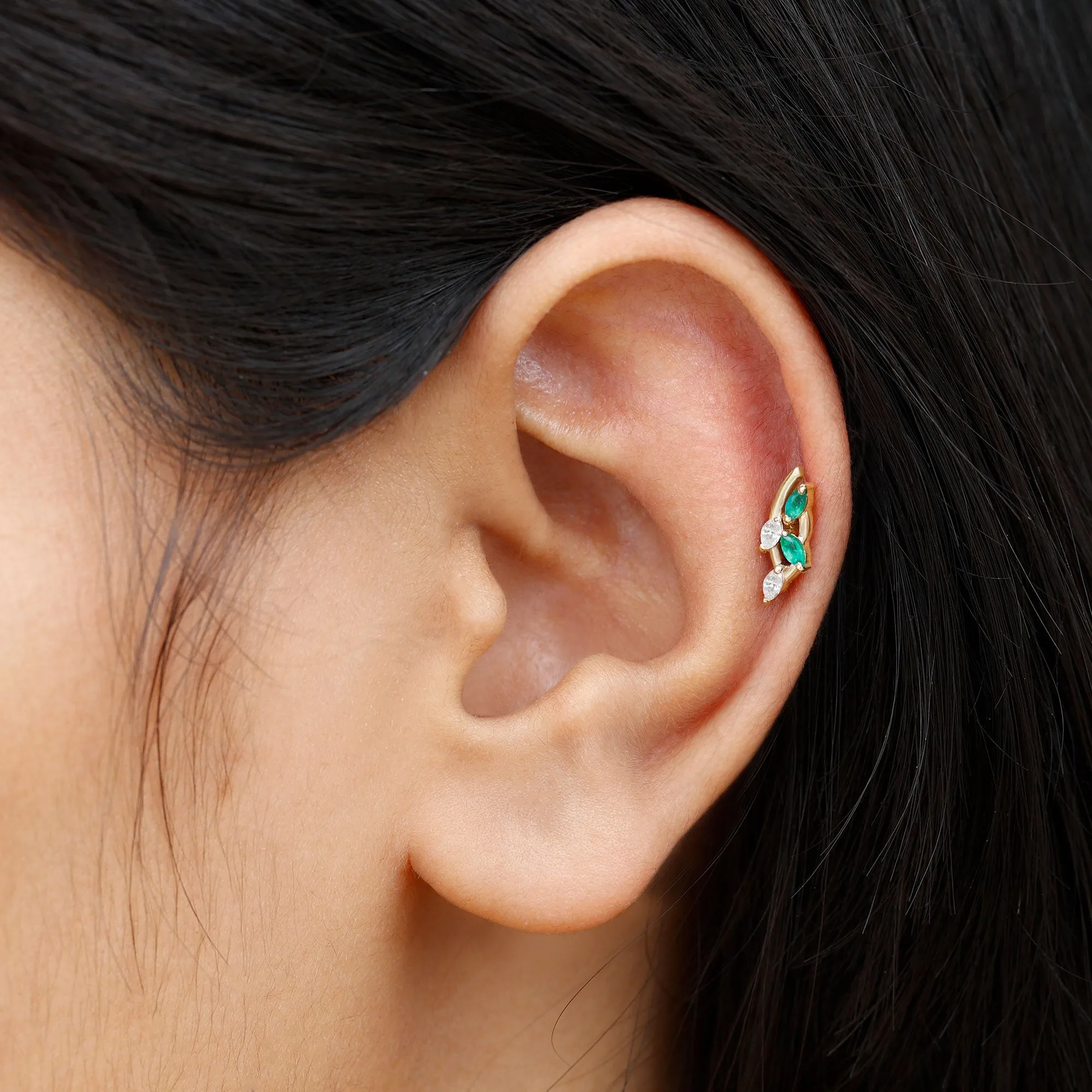 Marquise Emerald and Moissanite Crawler Earring for Helix Piercing