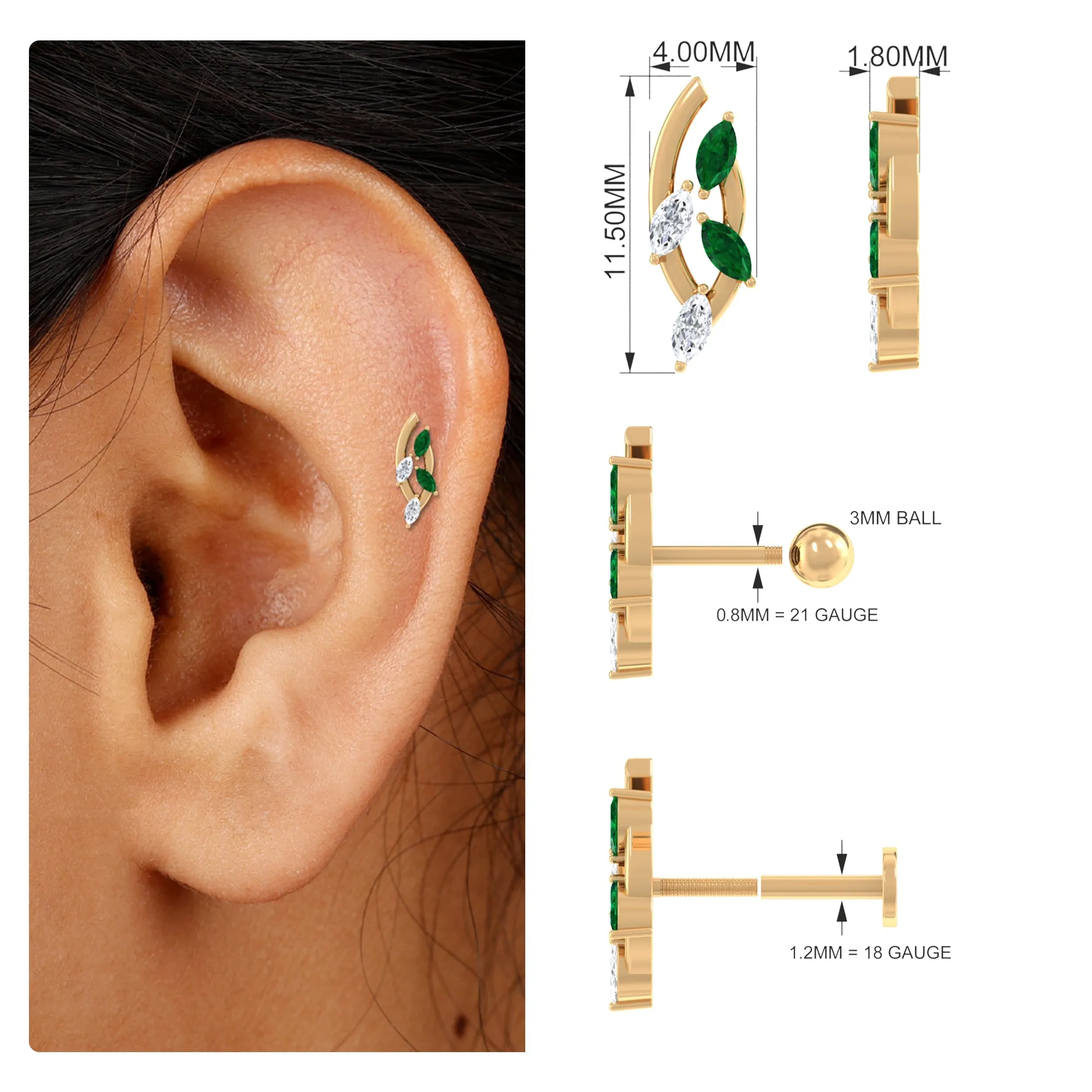 Marquise Emerald and Moissanite Crawler Earring for Helix Piercing