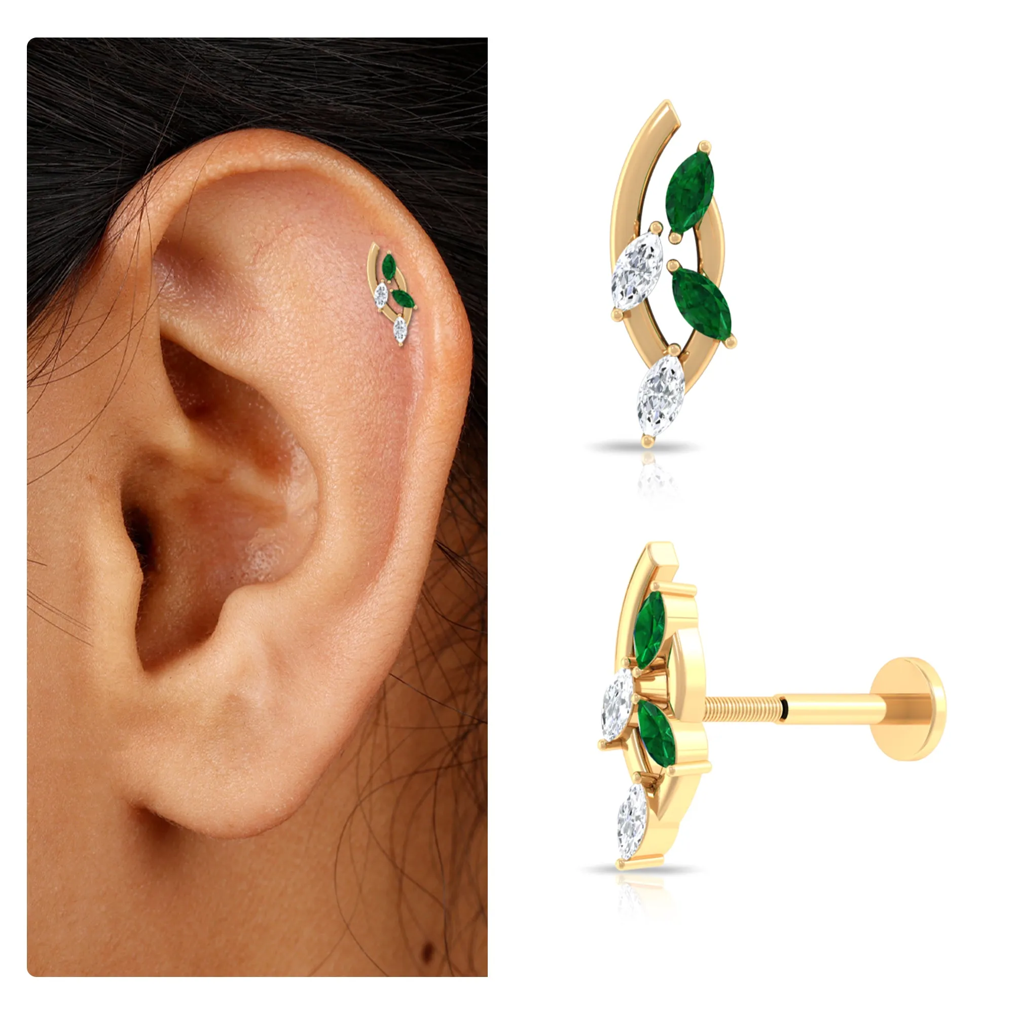 Marquise Emerald and Moissanite Crawler Earring for Helix Piercing