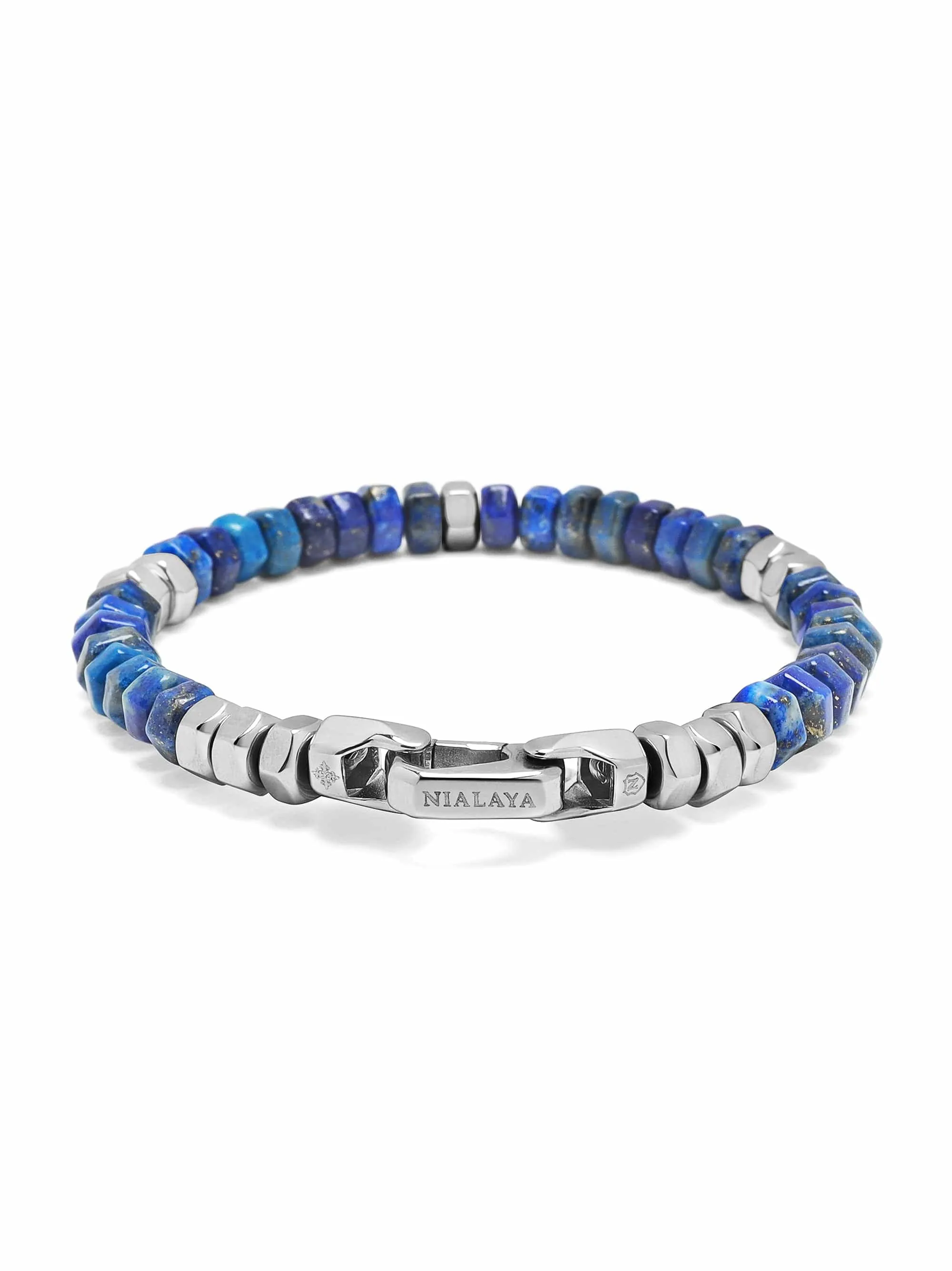 Men's Hexagon Beaded Bracelet with Blue Lapis and Silver