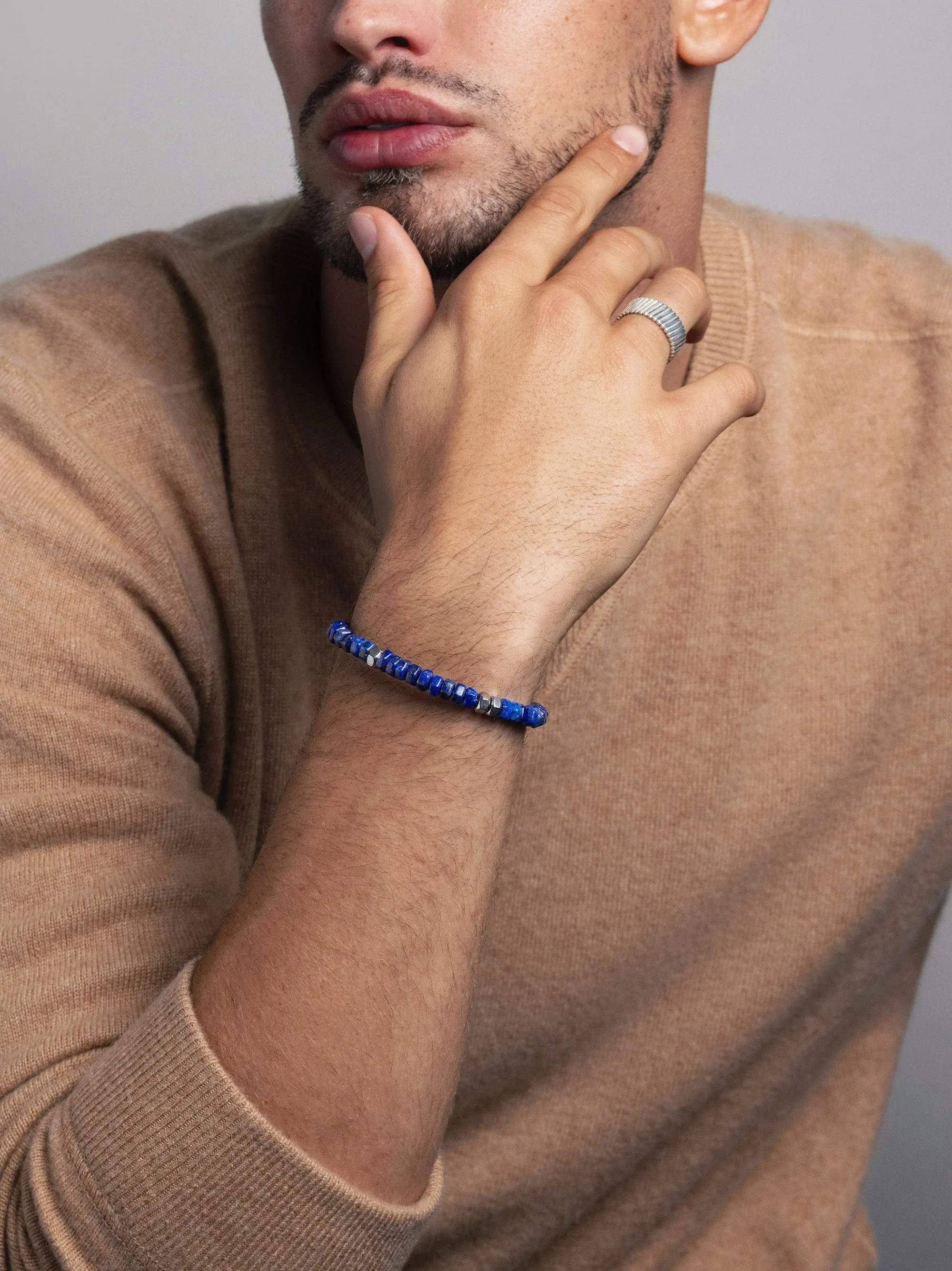 Men's Hexagon Beaded Bracelet with Blue Lapis and Silver