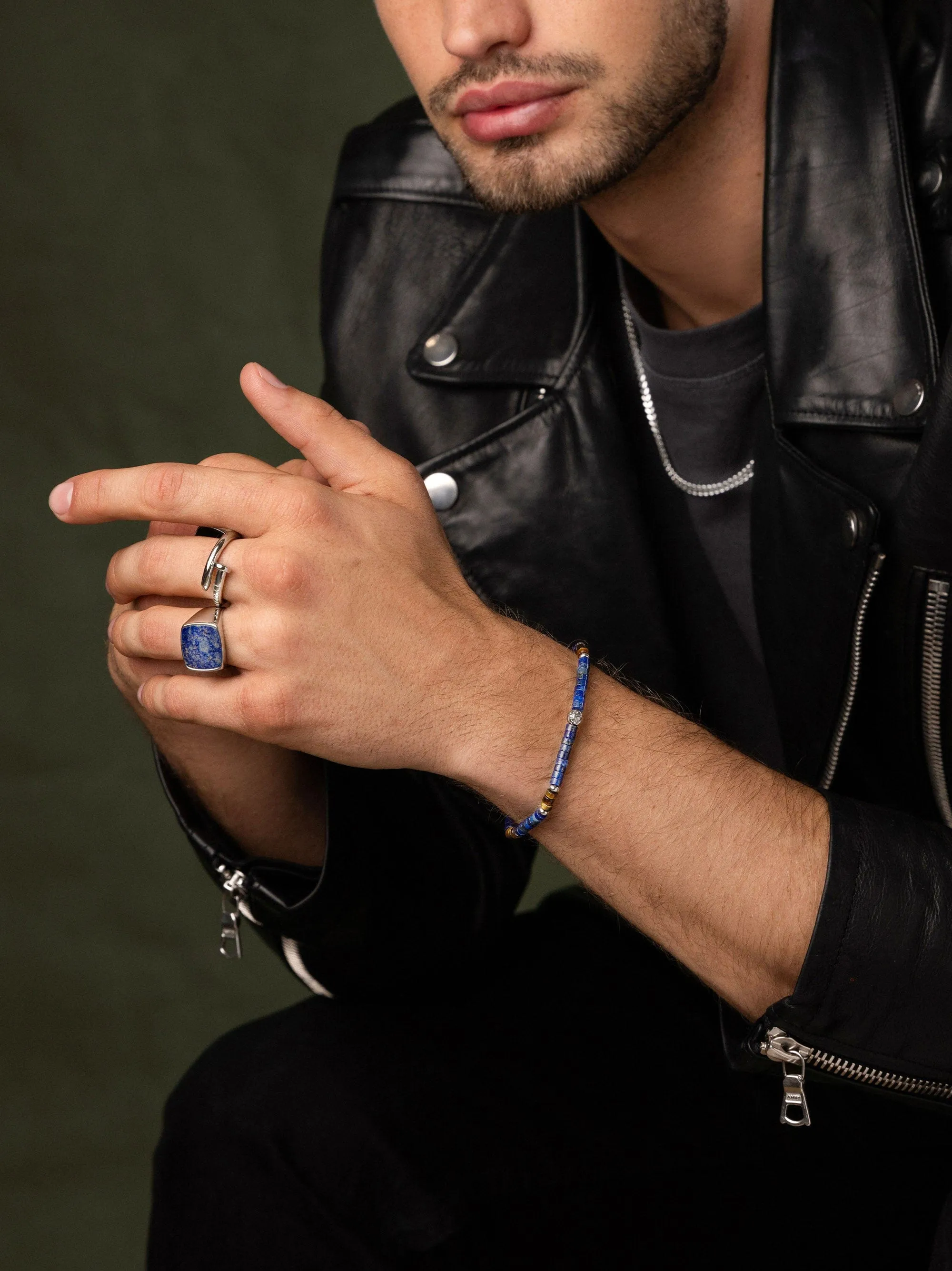 Men's Wristband with Blue Lapis and Brown Tiger Eye Heishi Beads