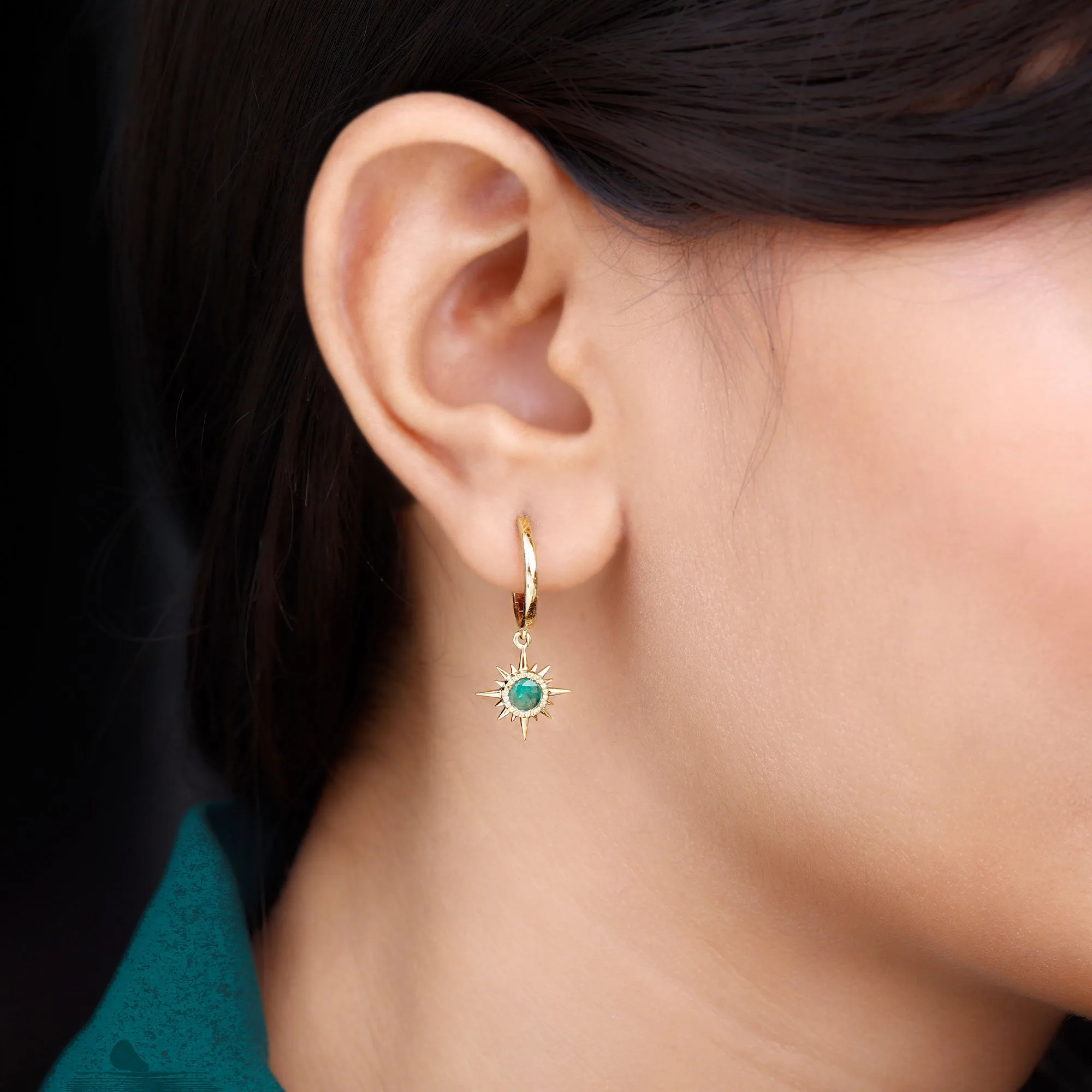 Milgrain Bezel Set Emerald Sunburst Hoop Drop Earrings