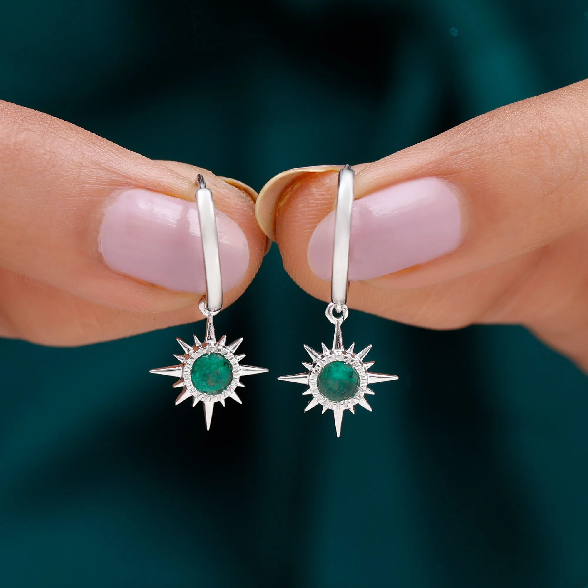 Milgrain Bezel Set Emerald Sunburst Hoop Drop Earrings