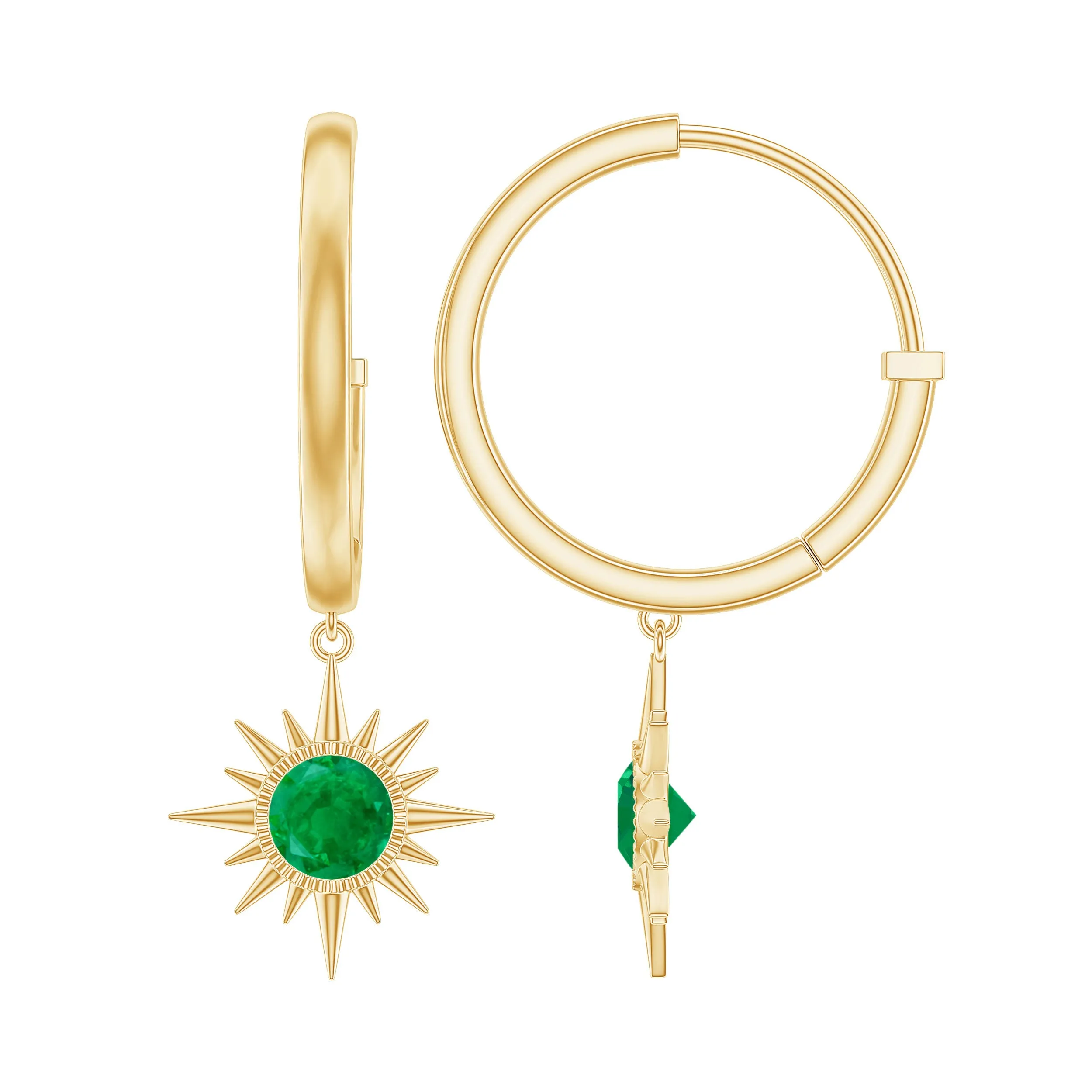 Milgrain Bezel Set Emerald Sunburst Hoop Drop Earrings