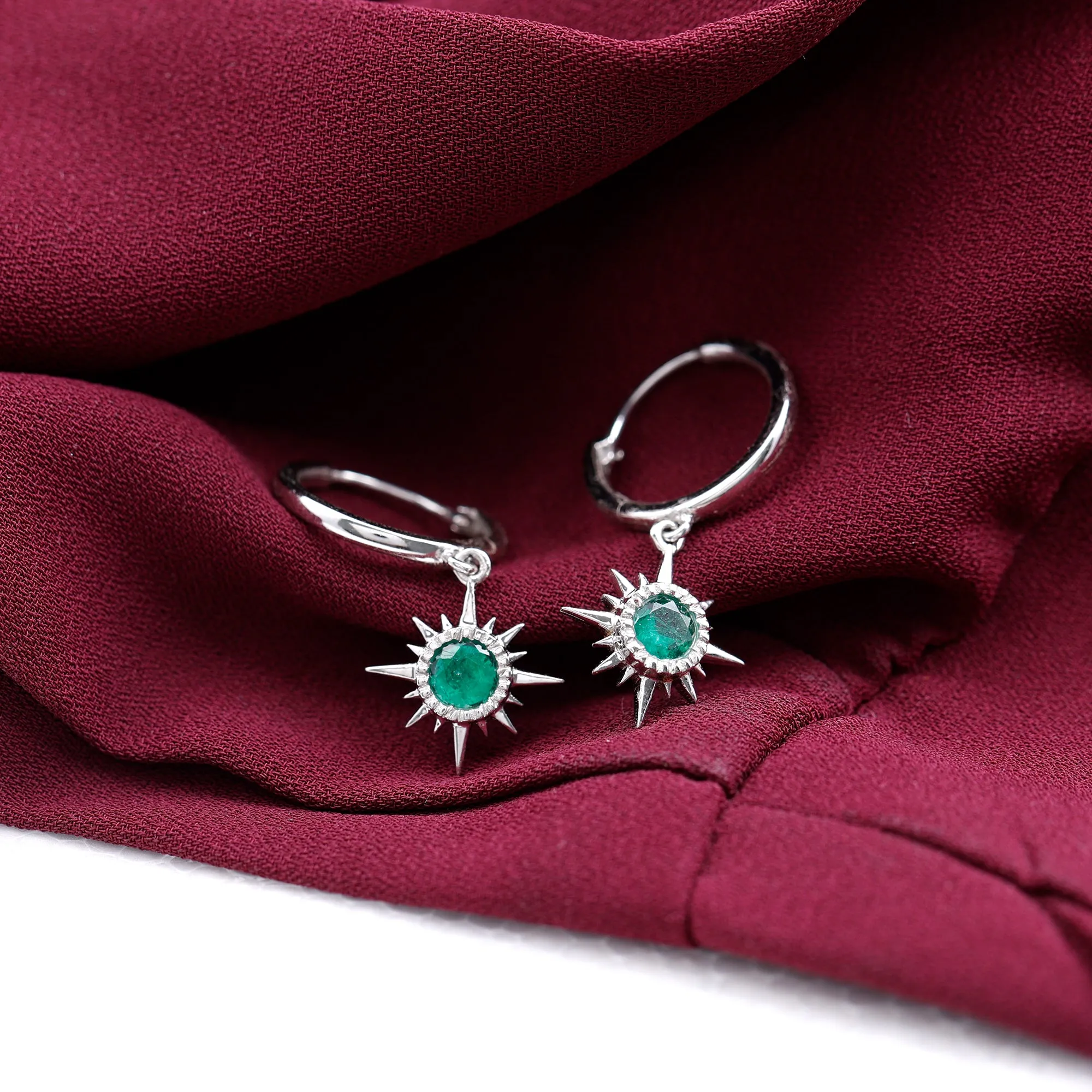 Milgrain Bezel Set Emerald Sunburst Hoop Drop Earrings