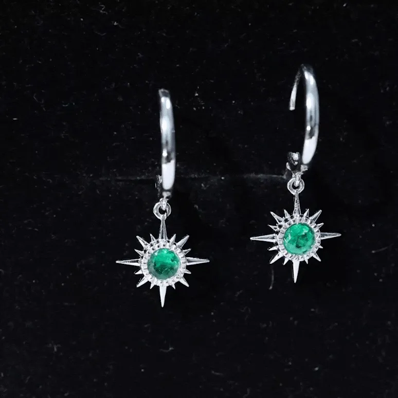 Milgrain Bezel Set Emerald Sunburst Hoop Drop Earrings