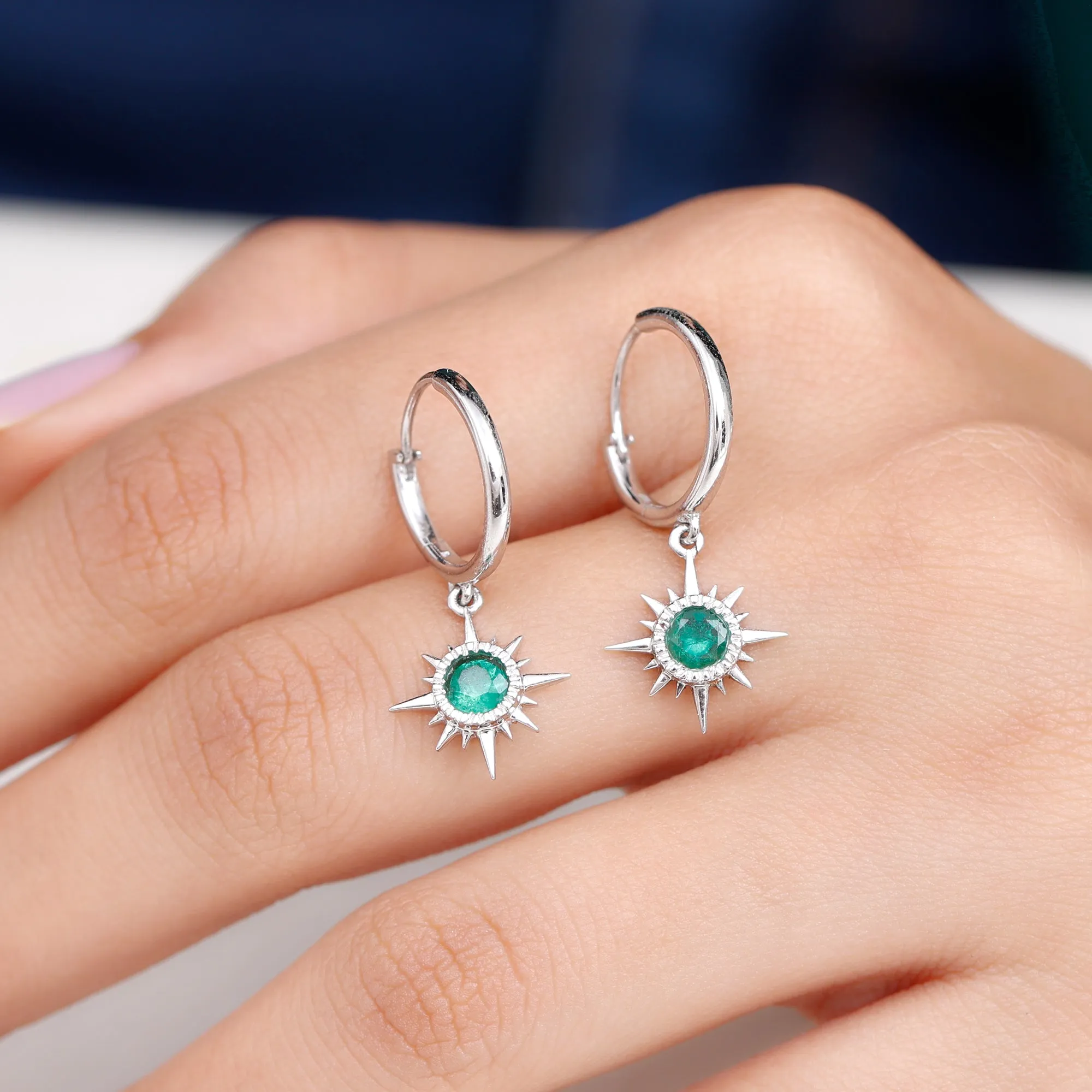 Milgrain Bezel Set Emerald Sunburst Hoop Drop Earrings