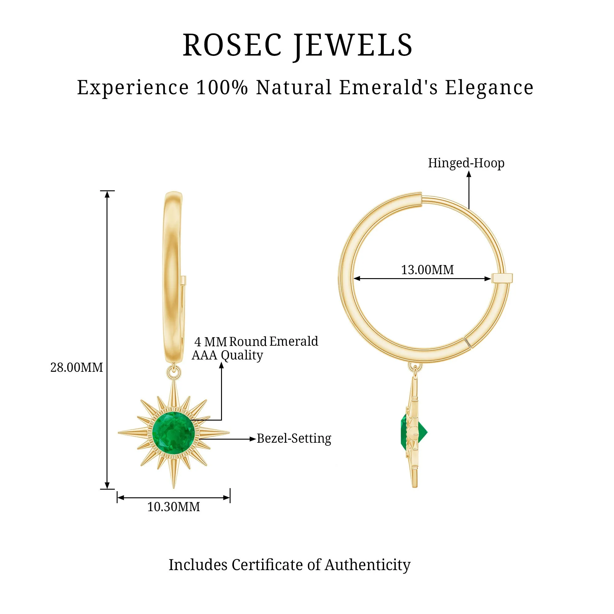 Milgrain Bezel Set Emerald Sunburst Hoop Drop Earrings