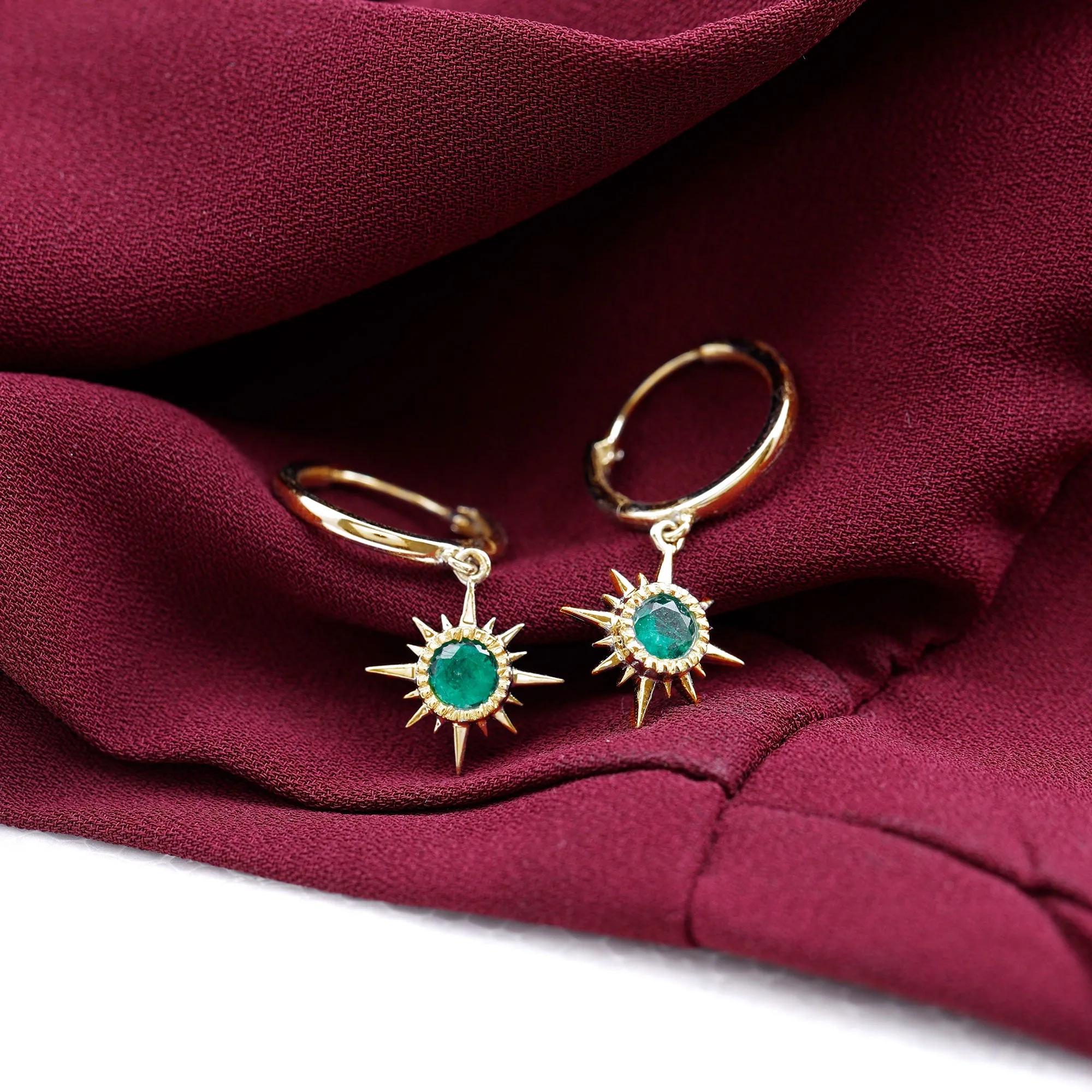 Milgrain Bezel Set Emerald Sunburst Hoop Drop Earrings