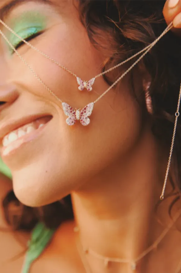 Mini Pink and Diamond Ombré Butterfly Necklace