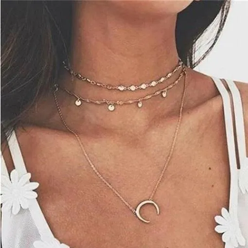 Multi Layer Crystal Moon Choker Necklace