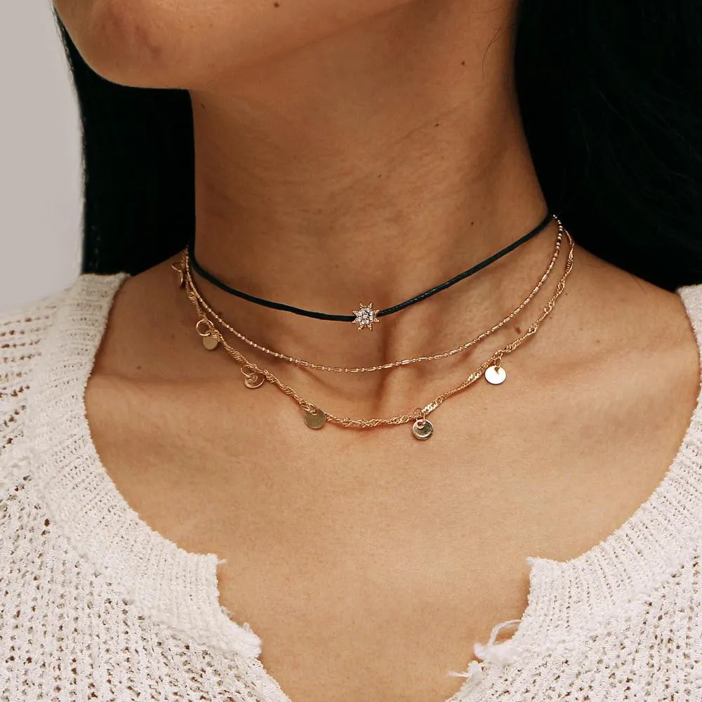 Multi Layer Crystal Moon Choker Necklace