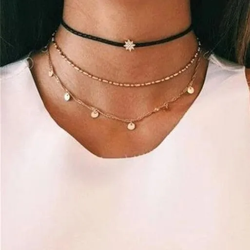 Multi Layer Crystal Moon Choker Necklace