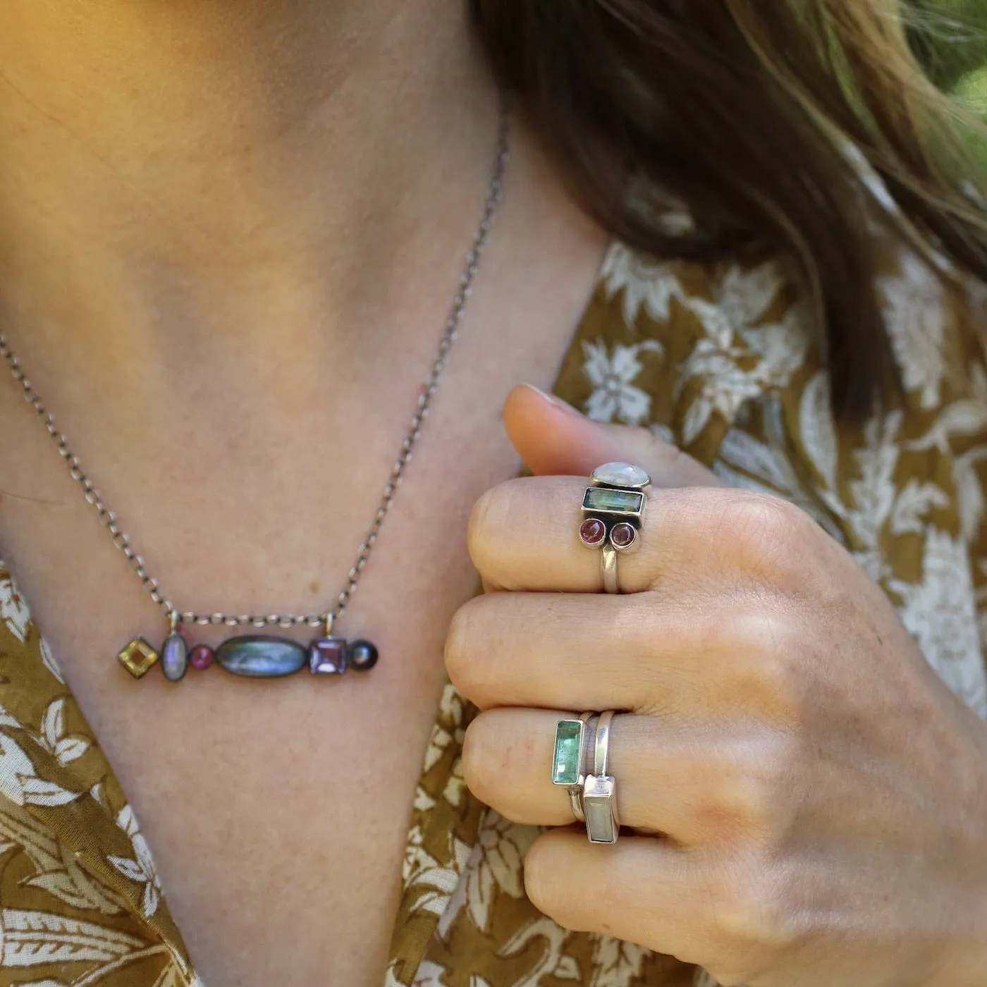 Multi Stone Bar Amulet Necklace