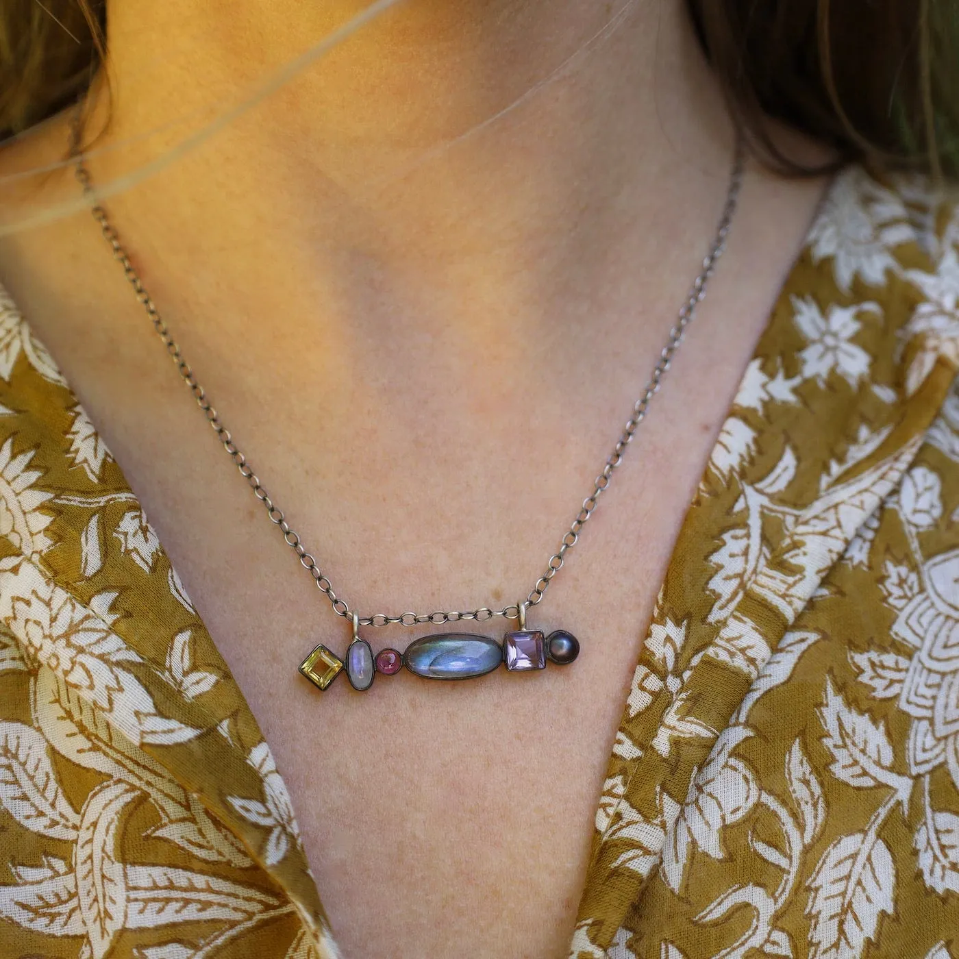 Multi Stone Bar Amulet Necklace