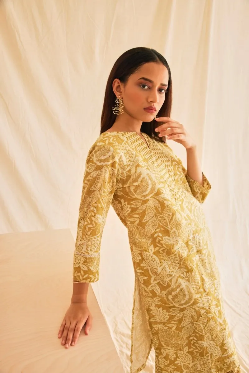 Mustard Cutwork Schiffli Cotton Kurta Set