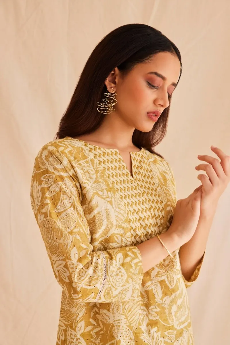 Mustard Cutwork Schiffli Cotton Kurta Set