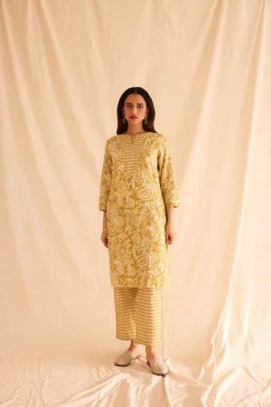 Mustard Cutwork Schiffli Cotton Kurta Set