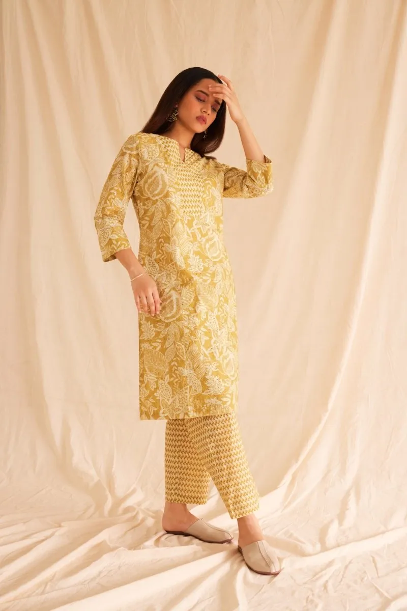 Mustard Cutwork Schiffli Cotton Kurta Set