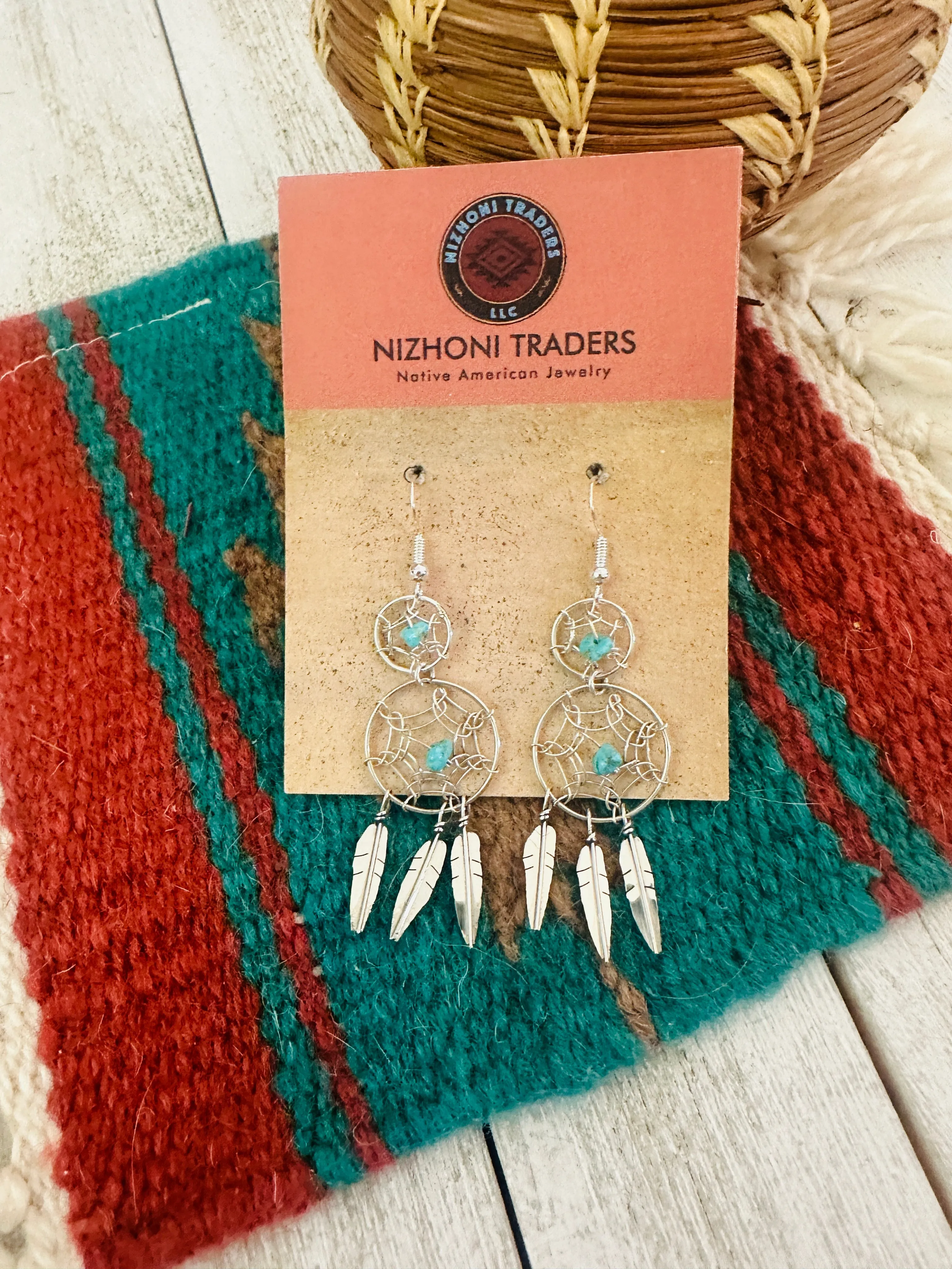 Navajo Sterling Silver & Turquoise Dream Catcher Dangle Earrings