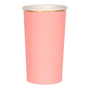 Neon Coral Tall Party Cups, Set of 8 Beautiful Basics Neon Coral Highball Paper Cups, Holds 14 Ounces