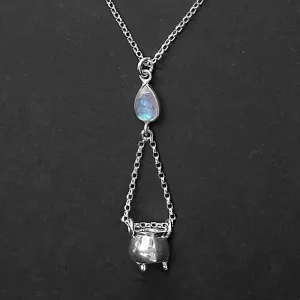 NEW: Silver Cauldron Necklace "Somethings Brewing" Witches Cauldron Pendant, Sterling Silver With Moonstone