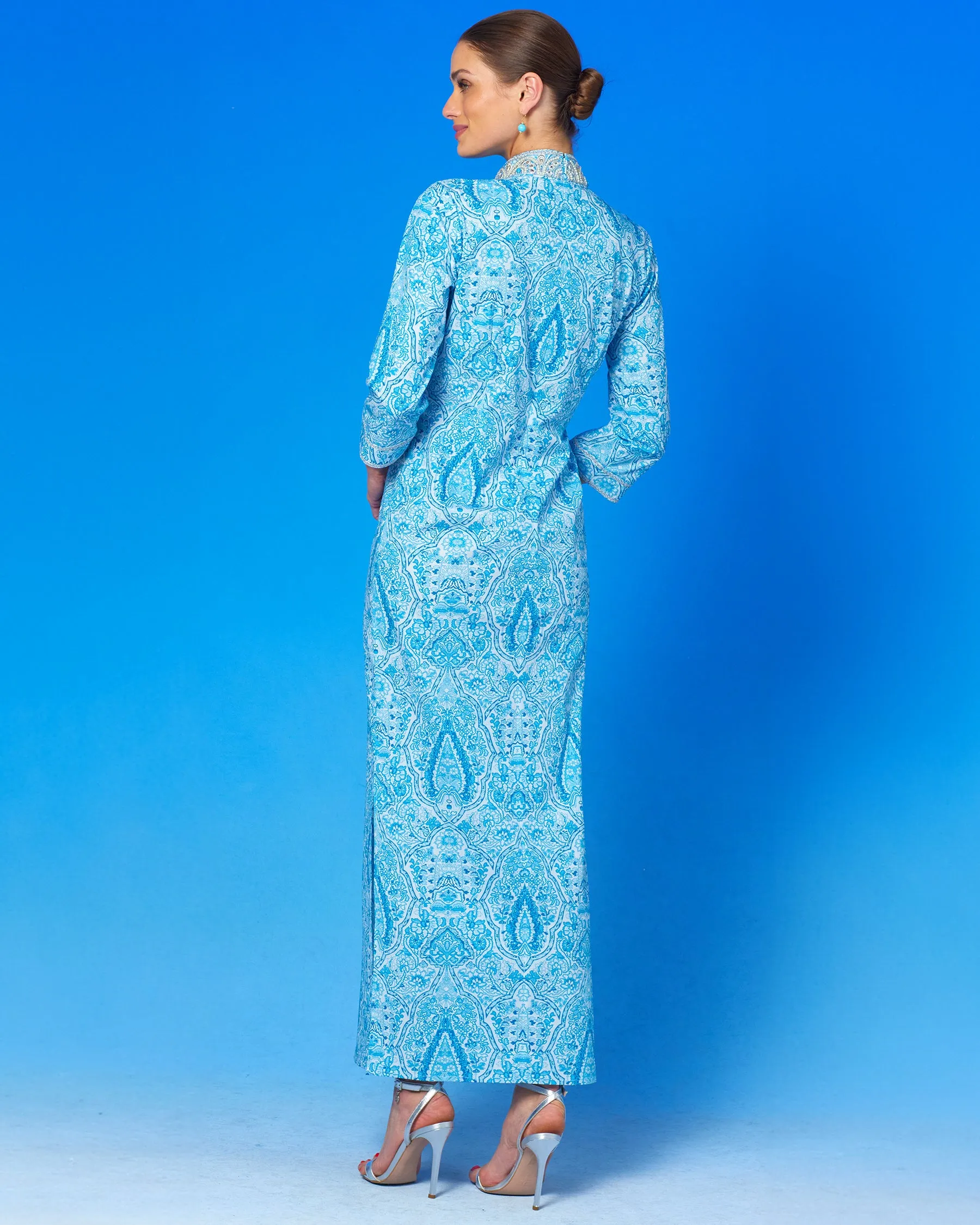 Noor Long Tunic Dress in Turquoise Paisley and Silver Embellishment