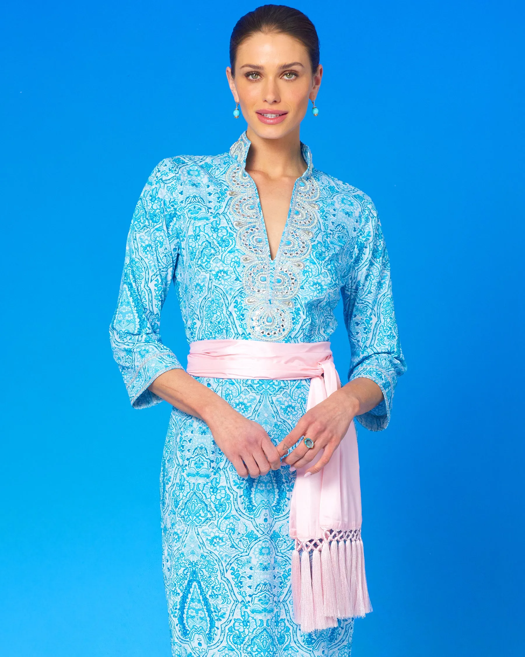 Noor Long Tunic Dress in Turquoise Paisley and Silver Embellishment