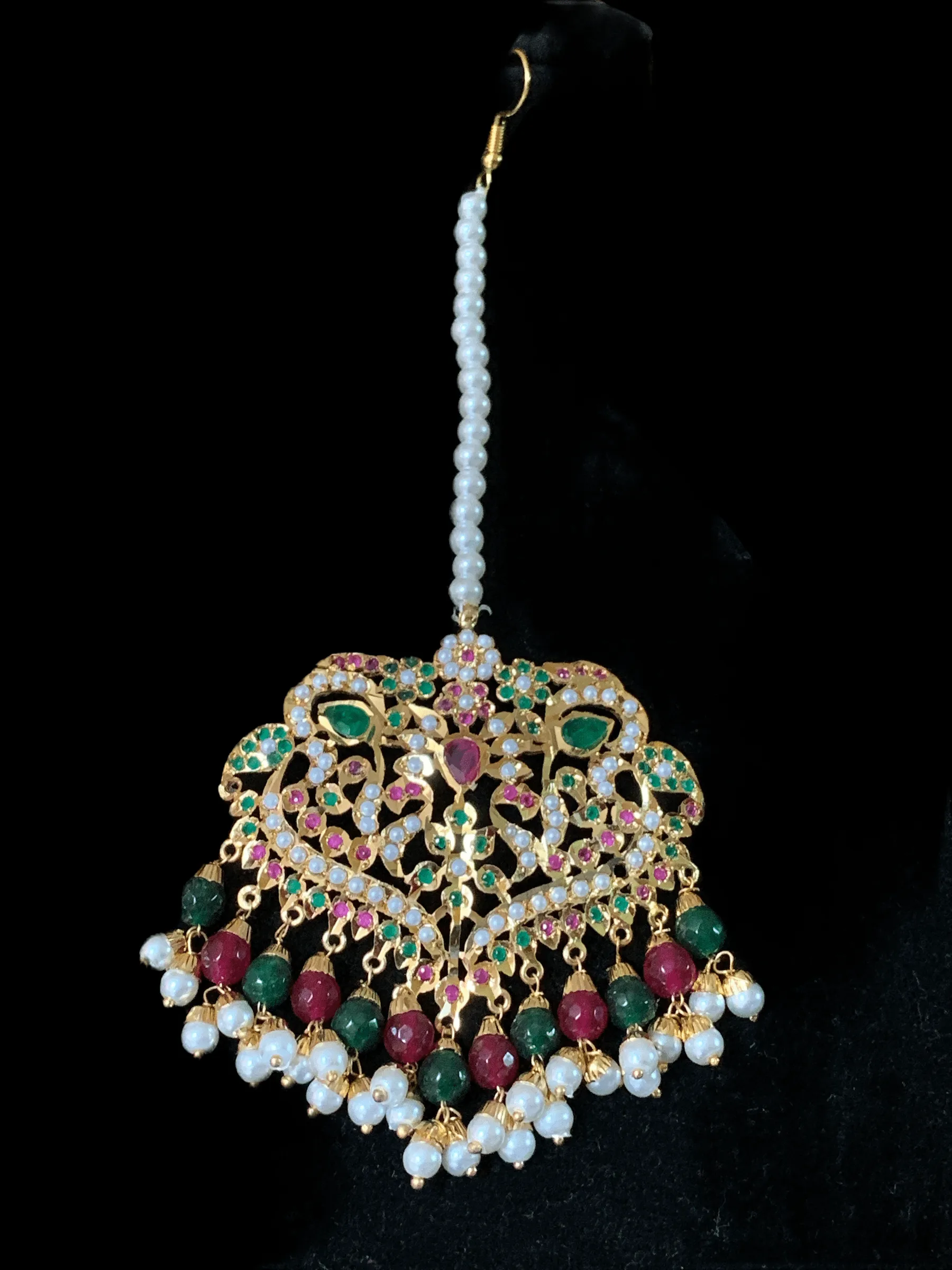 NS72 Neeli jadau pearl necklace with earrings tika in ruby emerald( SHIPS IN 3 WEEKS )