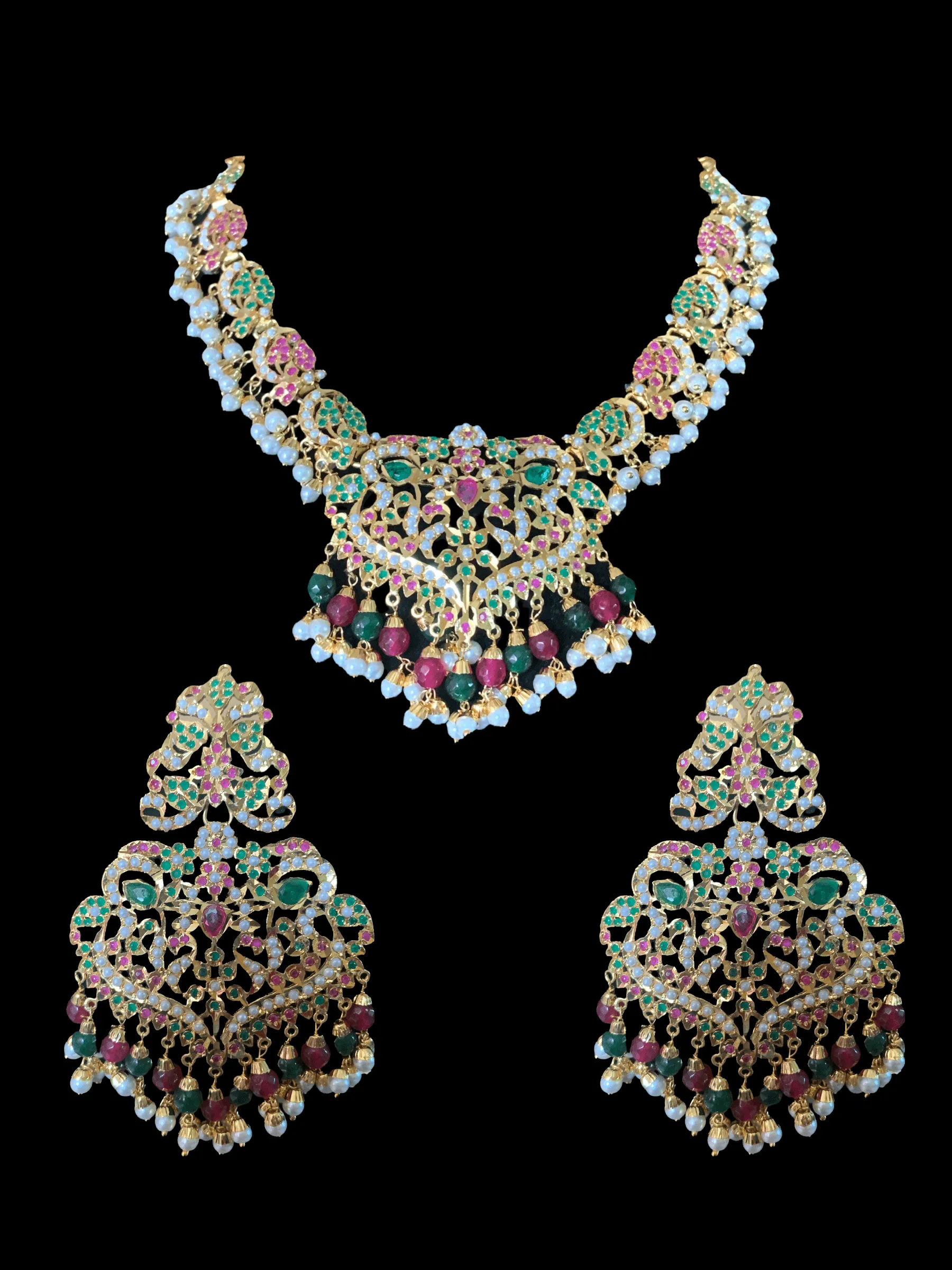 NS72 Neeli jadau pearl necklace with earrings tika in ruby emerald( SHIPS IN 3 WEEKS )