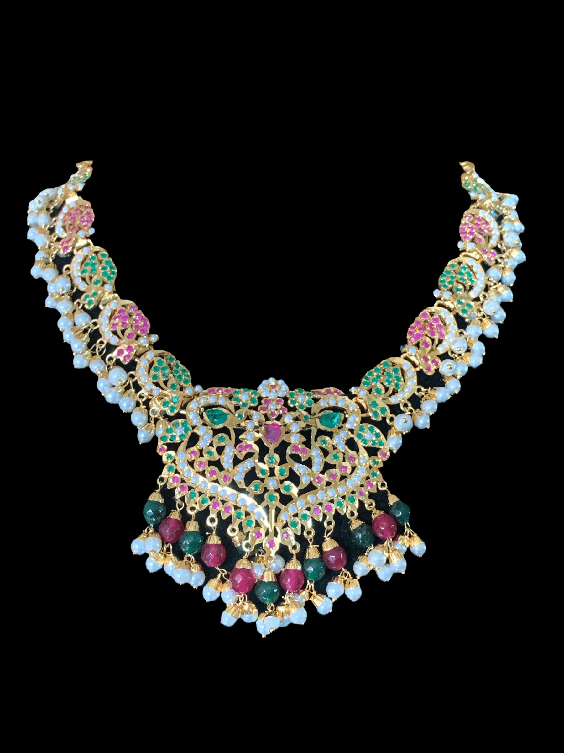 NS72 Neeli jadau pearl necklace with earrings tika in ruby emerald( SHIPS IN 3 WEEKS )