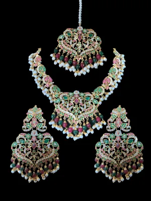 NS72 Neeli jadau pearl necklace with earrings tika in ruby emerald( SHIPS IN 3 WEEKS )