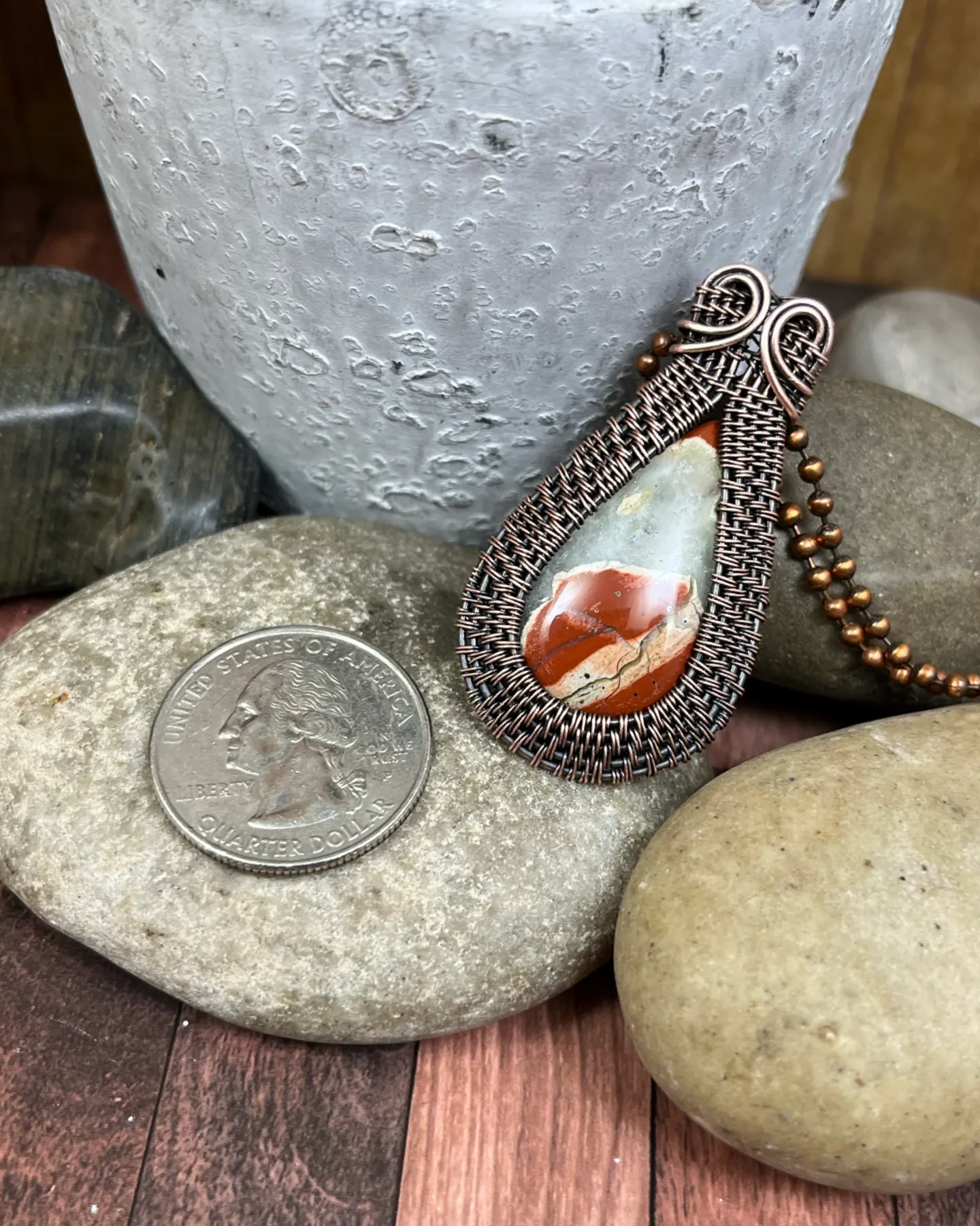 Oxidized Copper Wire Woven Red River Jasper Pendant