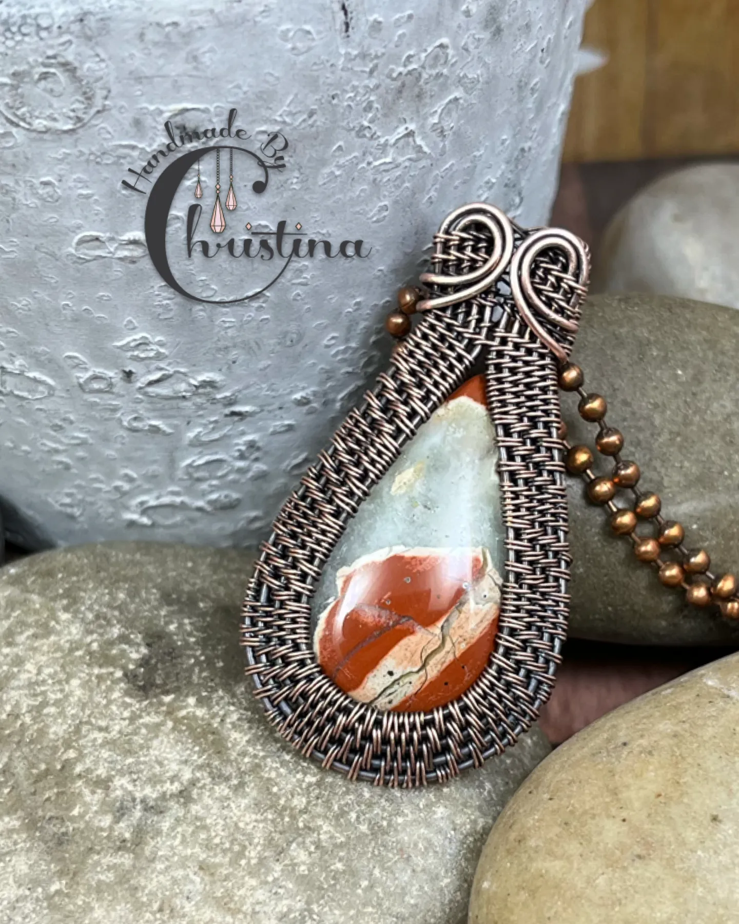 Oxidized Copper Wire Woven Red River Jasper Pendant