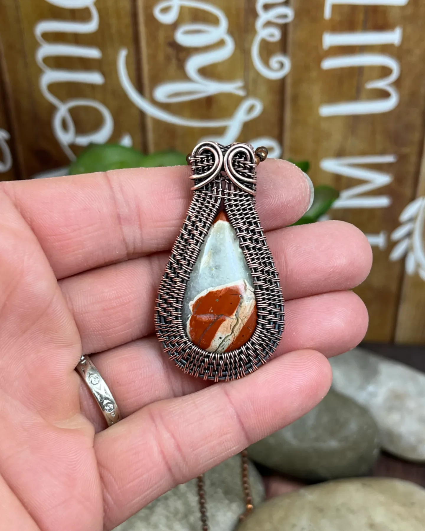 Oxidized Copper Wire Woven Red River Jasper Pendant